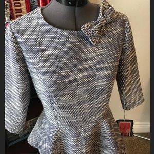 Girls’ Navy and White dress with peplum and shoulder bow